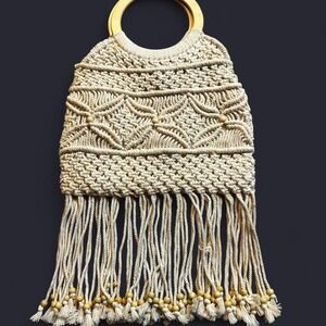 Vintage chateau macrame boho fringe beaded small purse bag
